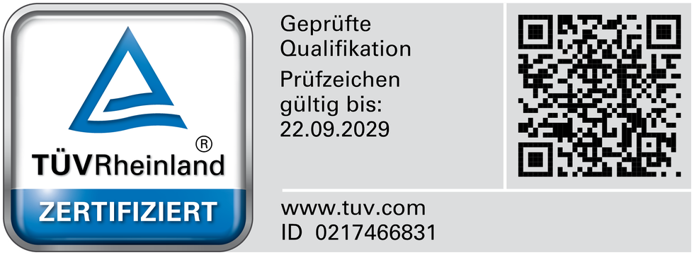 TÜV Rheinland zertifiziert: Geprüfte Qualifikation, Prüfzeichen gültig bis 22.09.2029, ID 0217466831